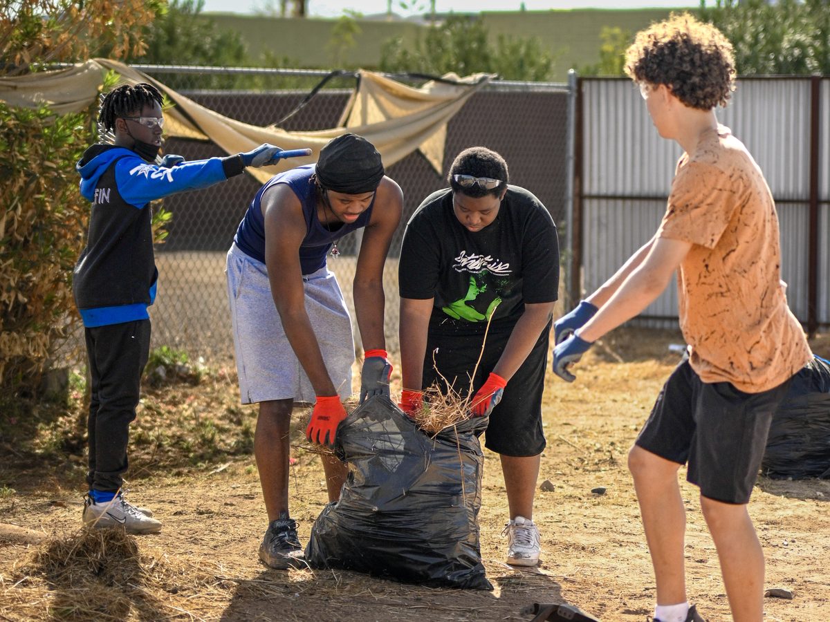 Young men clearing a lot during a community service day.